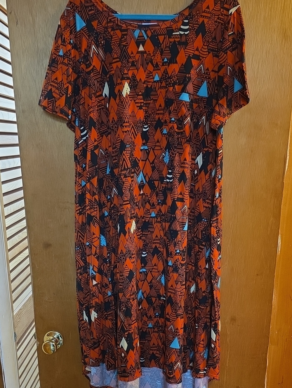 LuLaRoe Carly Orange Geometric Midi Dress with Blue & Cream Accents